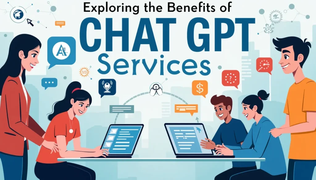 Create a visually engaging image showcasing a diverse group of people using laptops and smartphones with speech bubbles and icons symbolizing AI, collaboration, and knowledge exchange. Display the title 'Exploring the Benefits of Chat GPT Free Services' prominently in a modern, friendly font. Include elements like virtual assistants, digital communication, and interconnected data to emphasize the innovative and accessible nature of free AI chat services.