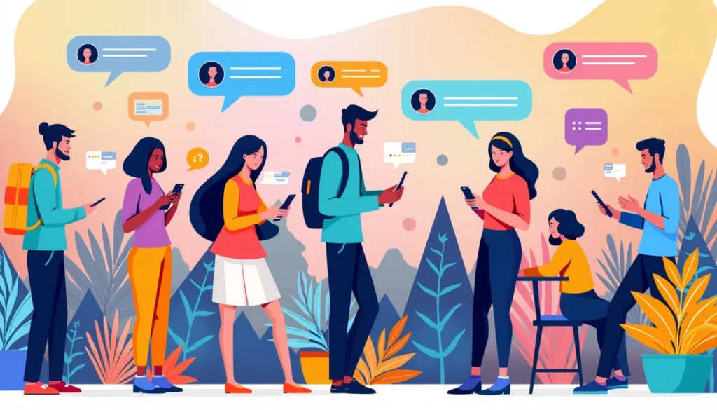 Create an illustration depicting various people happily engaging with Chat GPT on their devices for free, symbolizing diverse applications such as education, creative writing, and problem-solving. The background should be bright and vibrant, showcasing a community united through technology and innovation.