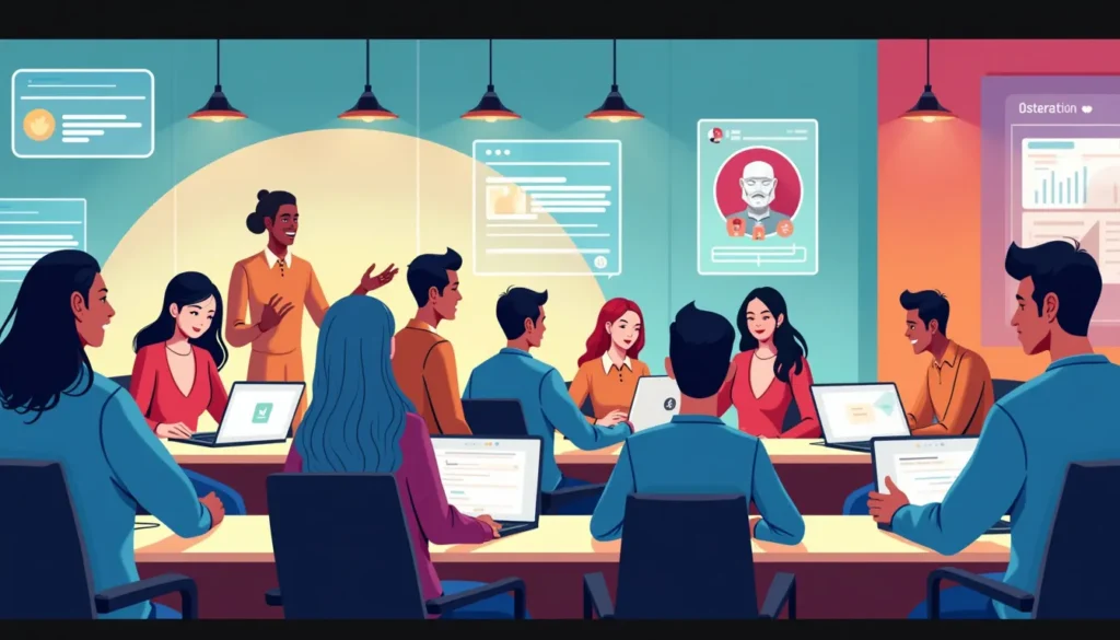 Create an image depicting a diverse group of people in a modern workspace, each interacting with their devices and a digital assistant named OpenAI Chat. The assistant is shown as a friendly, animated figure assisting users with tasks like brainstorming, scheduling, and answering queries. The background has elements of technology, such as holographic screens and smart gadgets, symbolizing enhanced productivity and collaboration.