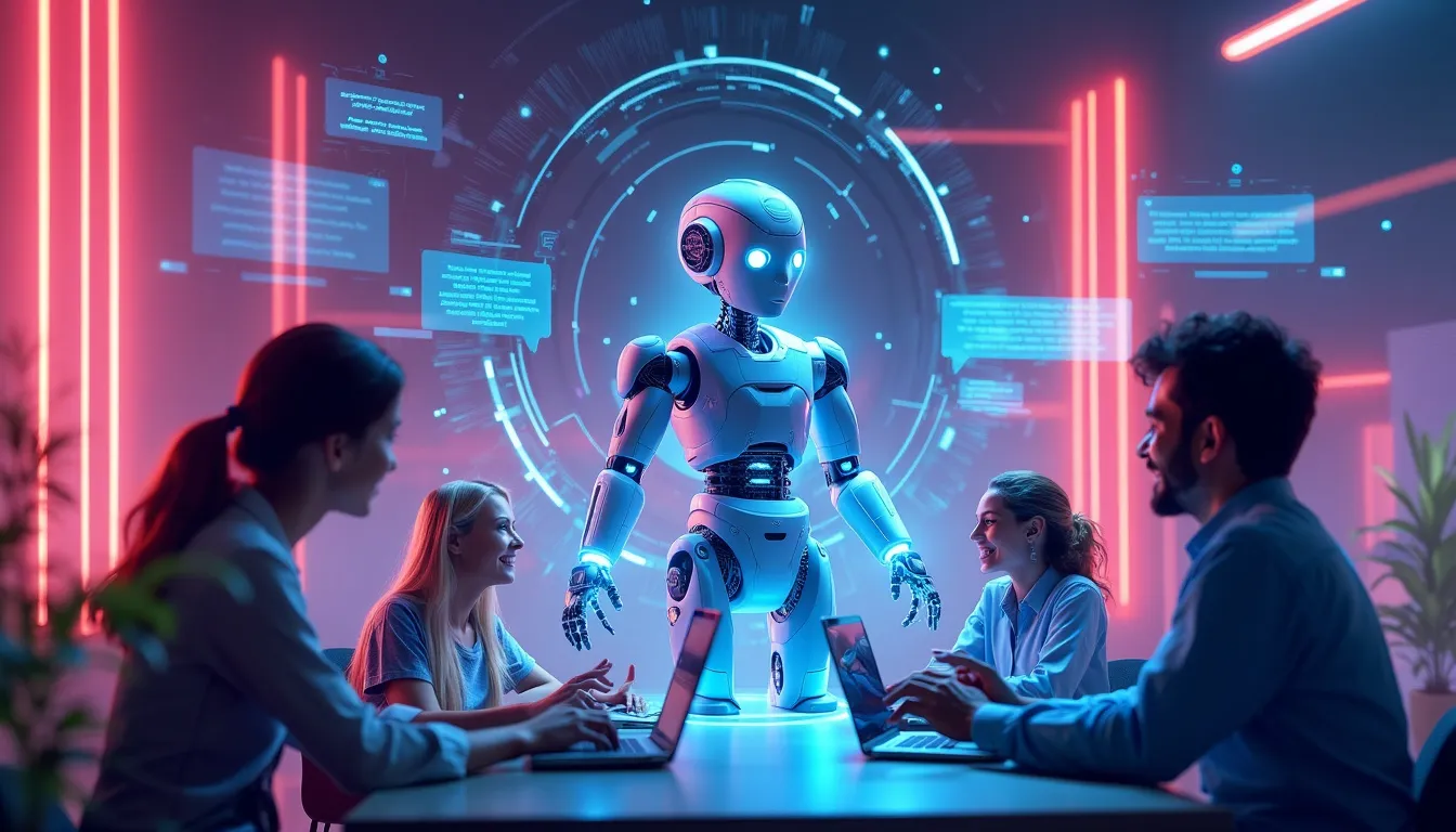 Create an image that features a futuristic and sleek digital interface showcasing an advanced AI chatbot named ChatGPT. The AI appears to be intelligently engaging in a conversation with a diverse group of users, who are interacting with it through various devices such as smartphones, tablets, and laptops. The background should be a high-tech environment filled with soft neon lights and holographic elements to emphasize the next-gen technology. Include subtle visual cues that highlight the AI’s conversational capabilities, such as speech bubbles, text, and real-time data exchange.