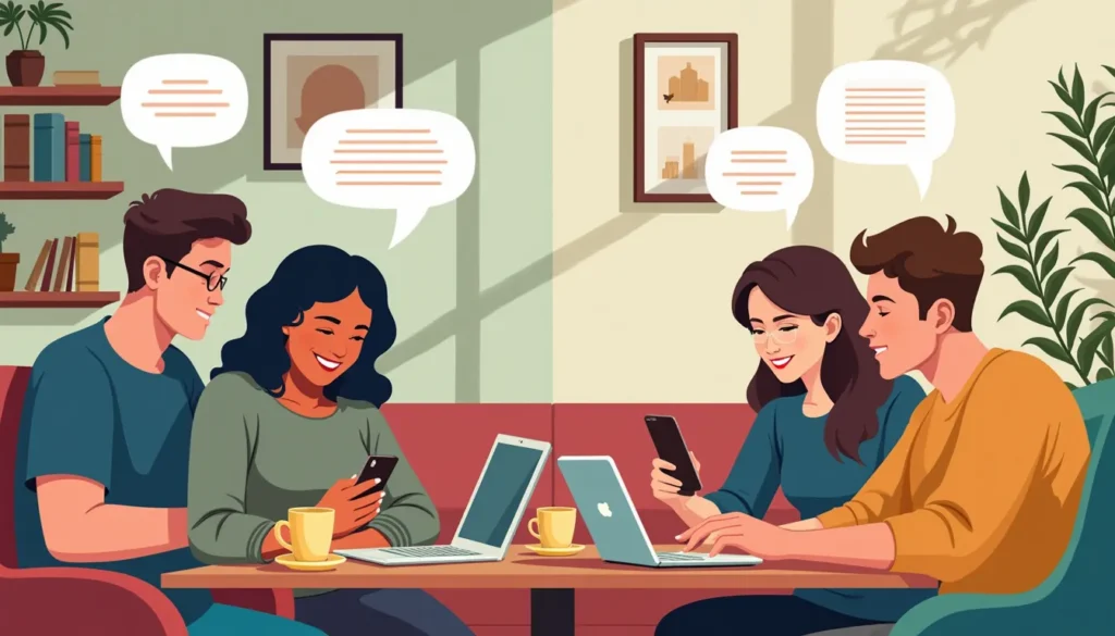 Create an image depicting a diverse group of people using the Chat GPT app on various devices like smartphones, tablets, and laptops in a cozy, modern cafe. The background should have elements like coffee cups, books, and indoor plants, with speech bubbles illustrating seamless and engaging conversations between the users. The atmosphere should feel warm and inviting, emphasizing the accessibility and versatility of the Chat GPT app.