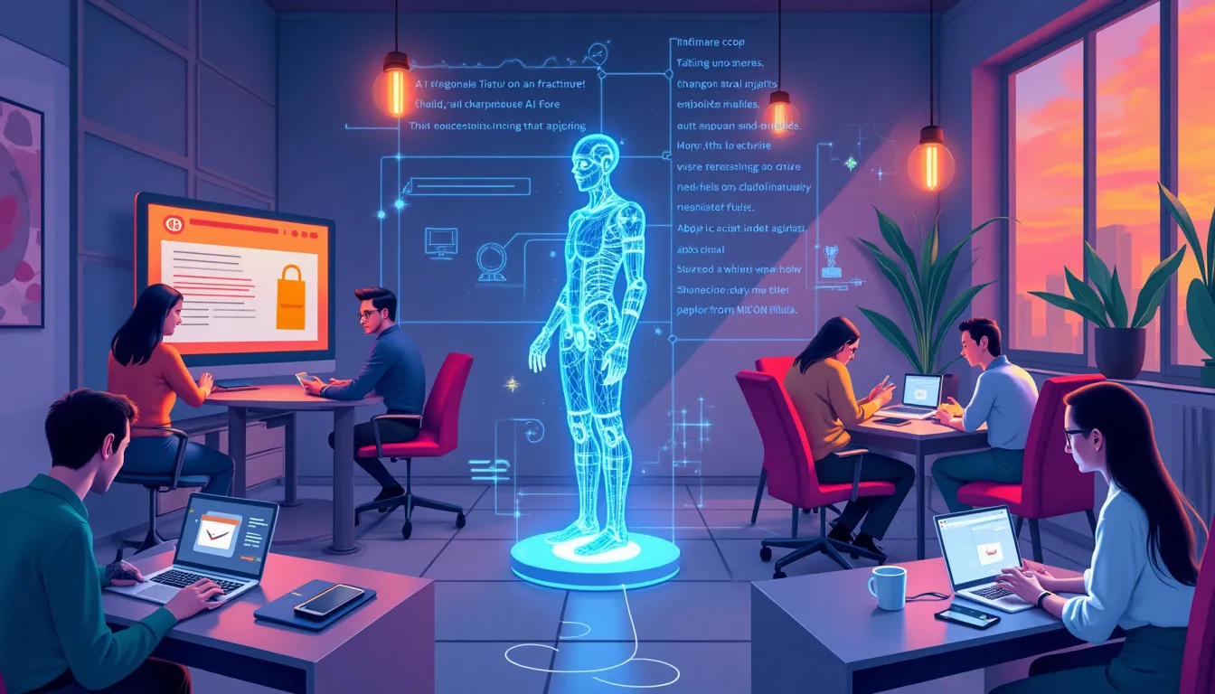 Create an image of a futuristic scene where people are interacting with an advanced AI assistant on various devices. The AI appears as a glowing holographic figure, aiding individuals in tasks like composing emails, chatting on phones, and engaging in dynamic conversations through smart home devices. The background features a sleek and modern environment, showcasing the seamless integration of AI into daily life.