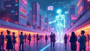 Create an image depicting a futuristic cityscape where people are communicating seamlessly through holographic devices and AI-driven chatbots. In the foreground, have a diverse group of individuals interacting with a glowing, anthropomorphic AI figure labeled Chat GPT, while digital streams of data and speech bubbles flow around them, symbolizing advanced, AI-enhanced communication. Ensure the atmosphere is vibrant and technologically advanced, with sleek, modern architecture, displaying the essence of a revolutionary shift in communication.