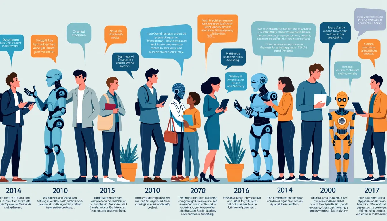 A detailed timeline illustration showing the progression of OpenAI chatbots, starting from early rudimentary text-based bots to advanced AI models like GPT-4. The image highlights key milestones, technological advancements, and depicts the growing impact on various sectors such as healthcare, education, customer service, and creative industries. Include diverse people interacting with these chatbots in different settings, emphasizing the increasingly sophisticated responses and applications over time.