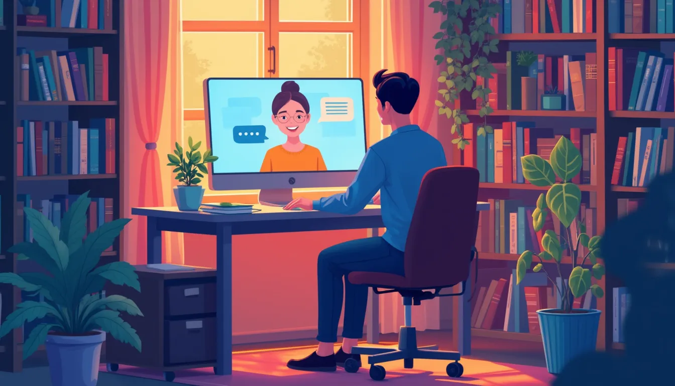 Create an illustration showcasing a person seated at a cozy home office, interacting with a virtual ChatGPT assistant on their computer screen. The room is filled with books and plants, suggesting a knowledge-rich and serene environment. The virtual assistant appears as a friendly, glowing avatar emerging from the screen, engaging the user in conversation. The overall atmosphere conveys a sense of learning, productivity, and the seamless blend of technology with everyday life.