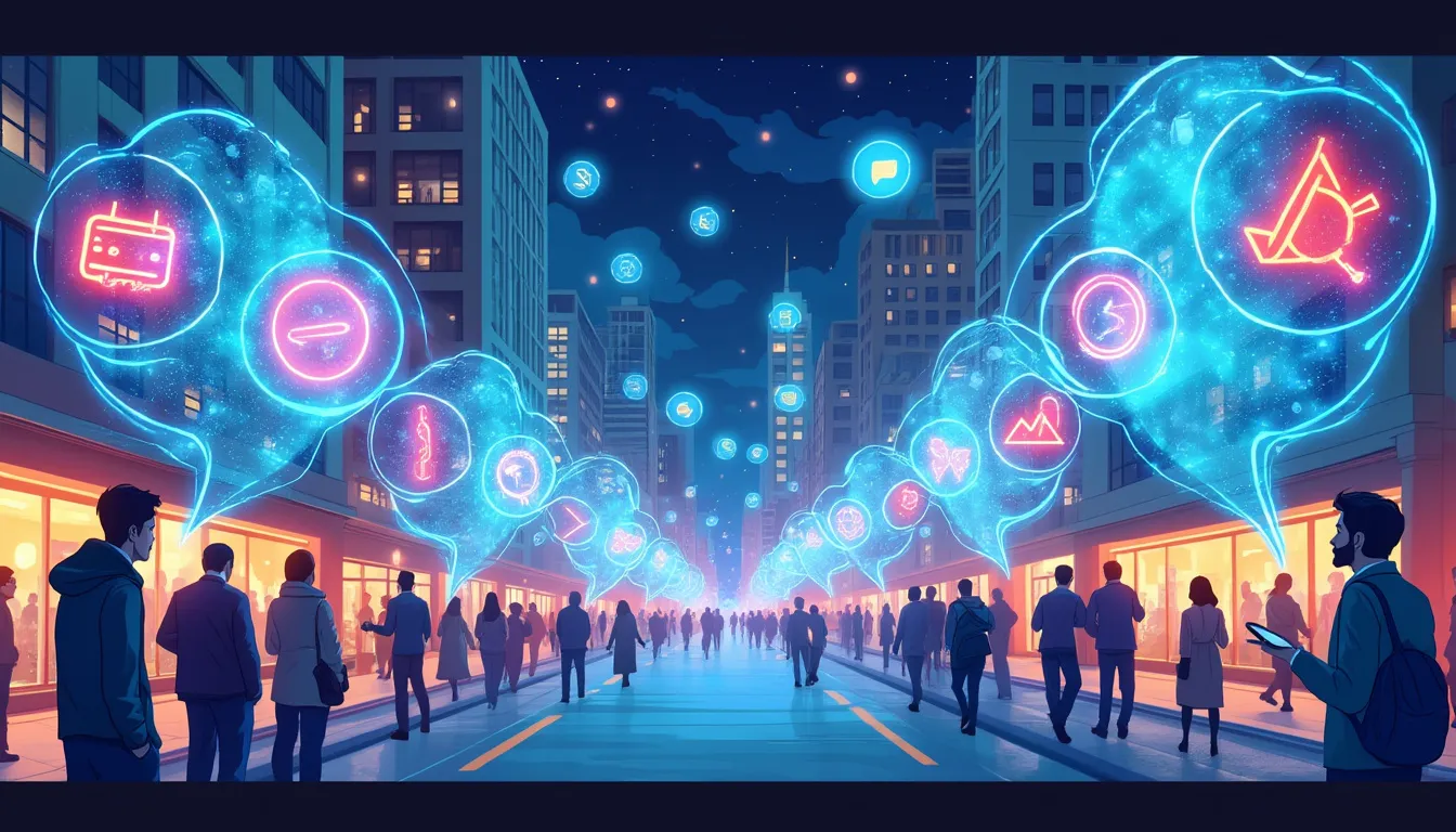 Create an imaginative illustration of a futuristic, digitally-animated cityscape where AI-powered chatbots, represented as glowing, floating holographic speech bubbles, interact with diverse inhabitants of the city. Each bubble features vibrant icons representing various capabilities such as translation, coding, and creative writing. The scene is bustling with energy, showcasing the seamless integration of AI chat technology into everyday life, symbolizing the vast potential and reach of GPT chat models.