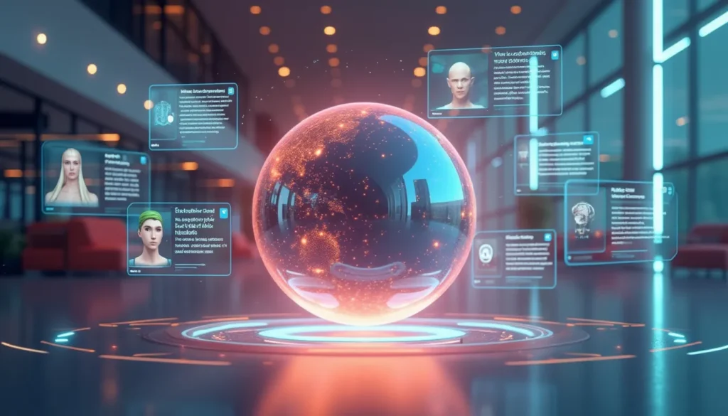 Create an image of a futuristic, sleek-looking digital assistant shaped like a glowing orb, floating in a modern, minimalist office setting. The orb should have subtle patterns of light that give an impression of vast intelligence and responsiveness. Surrounding this digital assistant are holographic displays showcasing various chat interactions and tasks being managed efficiently. The scene should convey a sense of innovation and advanced technology, illustrating the potential capabilities and versatility of OpenAI's chatbot.