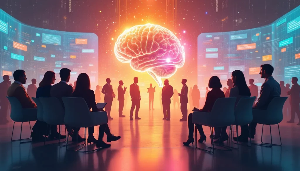 Create an imaginative and futuristic scene depicting a diverse group of people engaging in conversation with a large, glowing artificial intelligence entity. The AI, represented as an abstract, translucent sphere of changing colors, floats in the center of the room. The room is filled with holographic screens displaying various languages and digital interfaces. The people around the AI appear fascinated and engaged, showcasing a blend of human expression and advanced technology interaction. The setting is sleek and modern, emphasizing a blend of natural and digital elements to symbolize the advancement of conversational AI.