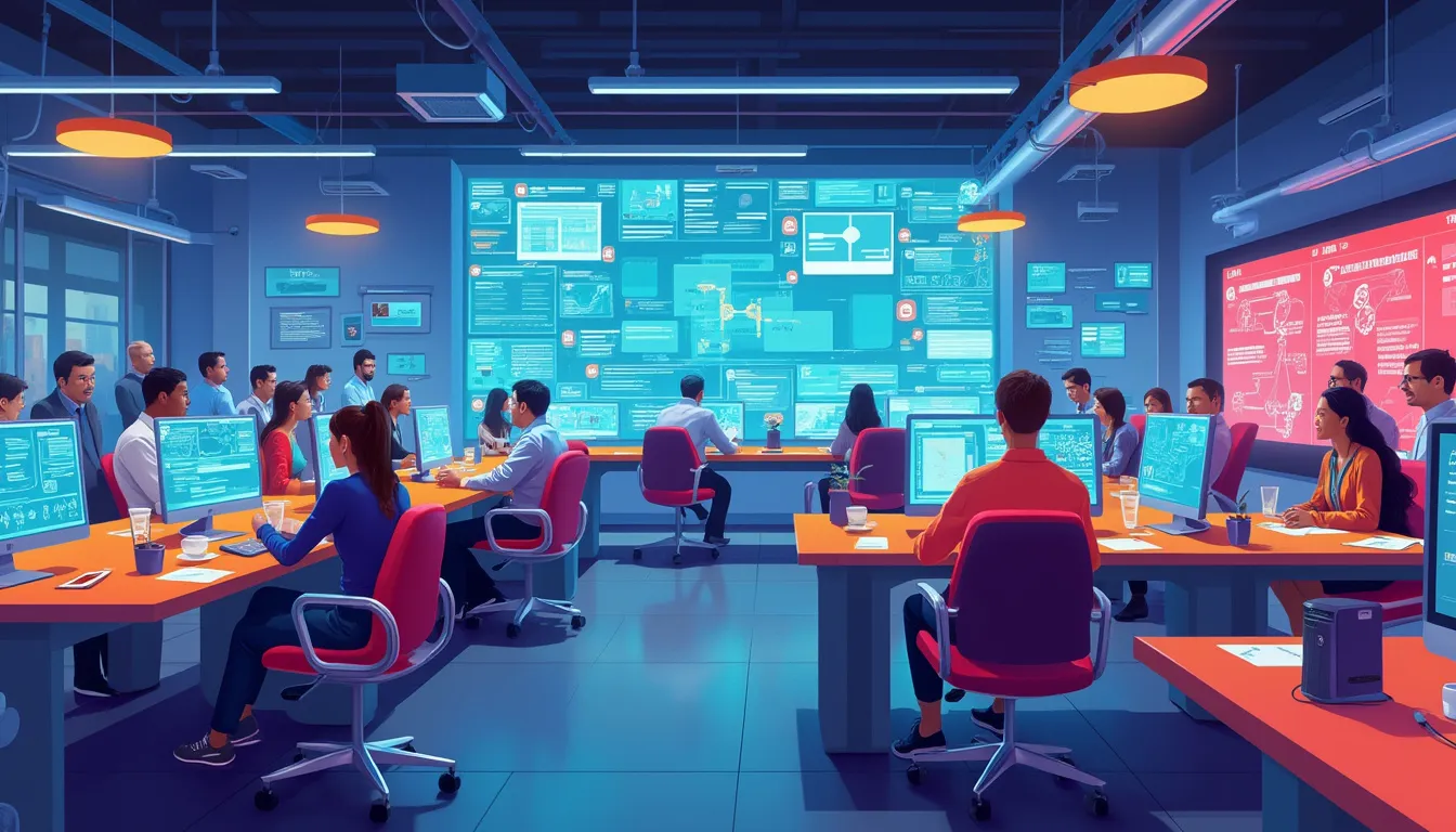 Create an image depicting a futuristic scene where humans and AI are working together harmoniously in a modern office setting. The room is filled with sleek computer terminals displaying interactive AI interfaces, holographic displays of chat technology, and diverse individuals communicating fluently with AI-powered assistants. The atmosphere is vibrant and collaborative, showcasing the seamless integration of OpenAI chat technology in optimizing productivity and creativity.