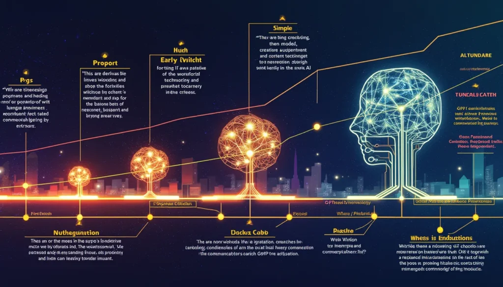 Create an image illustrating the transformative journey of GPT AI technology. Begin with a simple, early model represented by a basic digital brain, gradually evolving into a more complex, neural network structure. Show a timeline with key milestones, highlighting significant breakthroughs and applications, such as language translation, content creation, and conversational AI. The background should symbolize the digital world with elements like binary code and circuit patterns, emphasizing the profound impact of GPT on communication and technology.