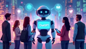 Create an image of a futuristic, friendly robot with a glowing screen displaying 'ChatGPT' in bold letters. The robot should be in an interactive discussion with a diverse group of people, including students, professionals, and elderly individuals. The background should show a vibrant, high-tech cityscape with holographic elements, indicating advanced technology. Add icons and symbols around the robot that represent various features and benefits such as a speech bubble for communication, a book for knowledge, a light bulb for ideas, and a heart for empathy.