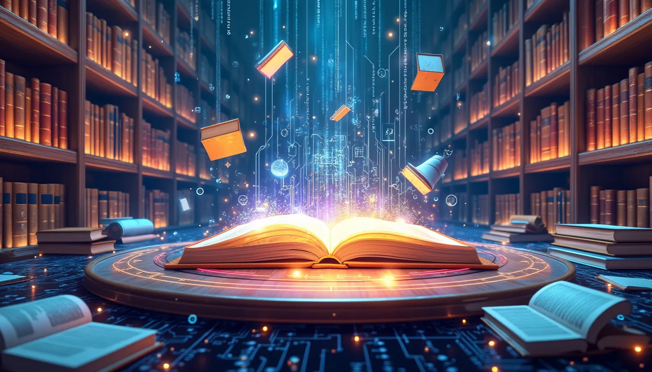 Create an image that depicts a futuristic library where books are floating in the air, each book representing different subjects like science, art, and technology. In the center, there's a large, glowing holographic book titled 'Understanding the Power of AI GPT: A Comprehensive Guide'. The background showcases a mix of digital elements and traditional scholarly atmosphere, with circuits and binary codes blending seamlessly with classic wooden bookshelves and ancient scrolls.